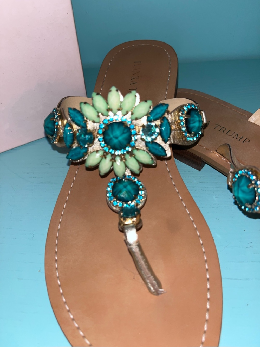 New in Box! Ivanka Trump Embellished Teal an Mint Green Thong Sandals Size 8.5M